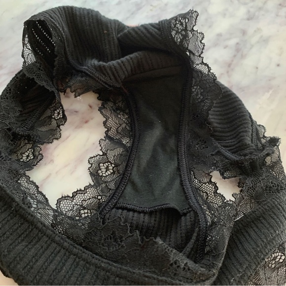 Black Ribbed Lace Trim Cotton Pointelle Bikini Panty - Picture 4 of 7